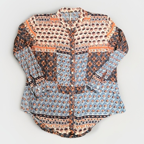 Free People Women’s Boho Patterned Shirt Button Down Crinkle Blouse sz S - Picture 2 of 10